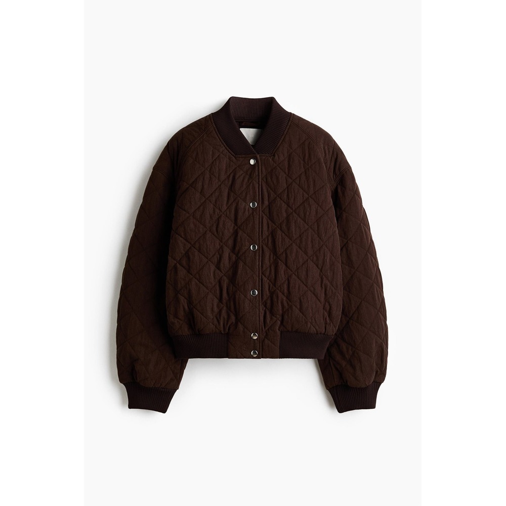 H&M Quilted Bomber Jacket Brown Tencel Lyocell Blend Snap Front Size Medium